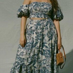 Abercrombie & Fitch Poplin Tiered Maxi Skirt Blue Floral